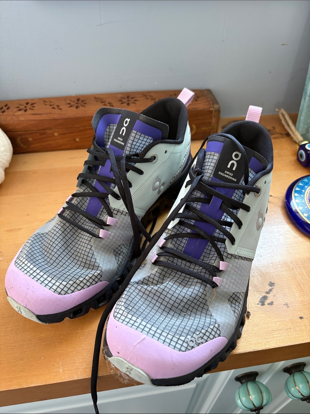 On Women's Trail Running Shoes in Light Gray and Pink
